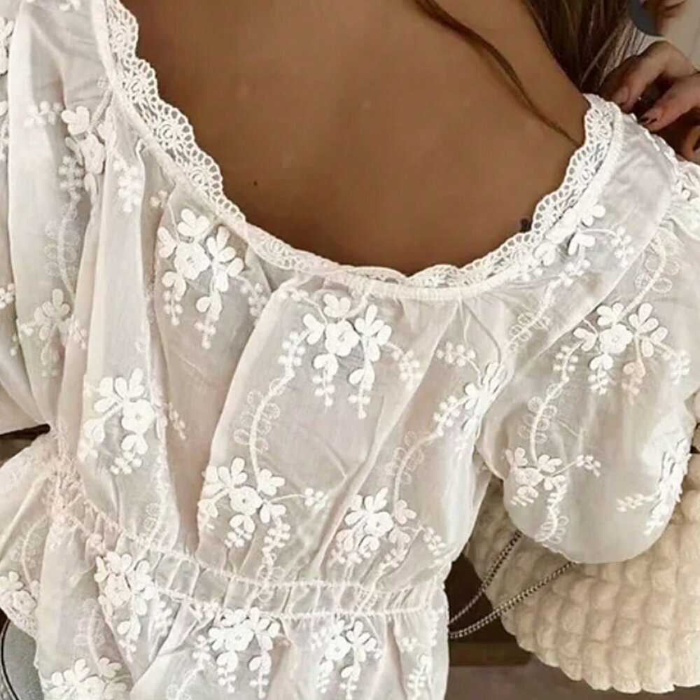 White Casual Women's Sheer Embroidered Lantern Sleeve Blouse - Picture 2 of 5